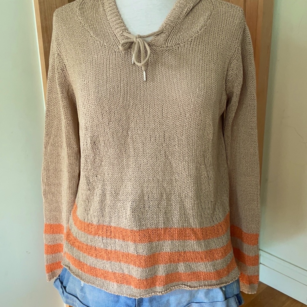 NWT  Vintage Havana Tan Crochet Hoodie With Orange Stripes, Size M